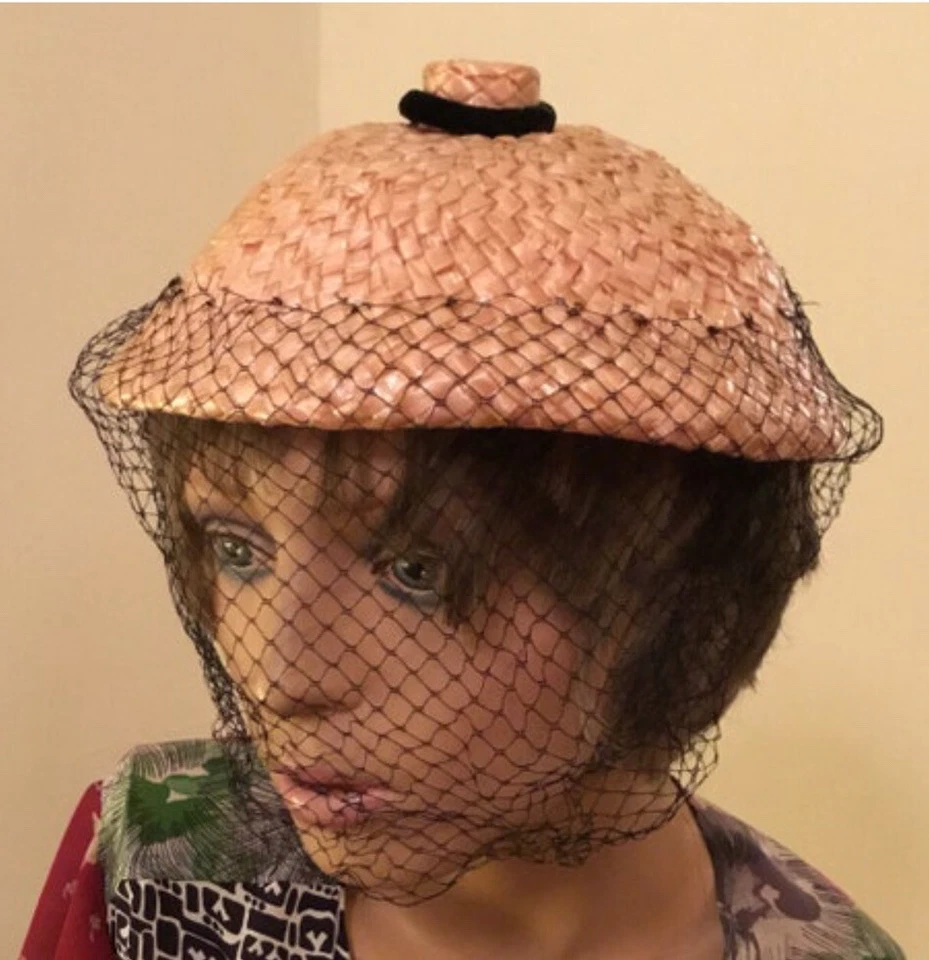 Sombrero de Paja Celofán Rosa Años 50 con Cara Completa Velo Negro Foto 3 de 4