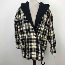 Nwt Portrait Black White Plaid Wool Hooded Button Front Pea Coat Jacket Womens