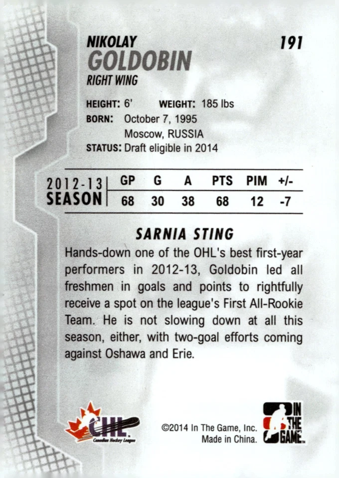 Nikolay Goldobin - Signed 2013-14 In The Game Heroes And Prospects 3D Card #191 - Image 2 of 2