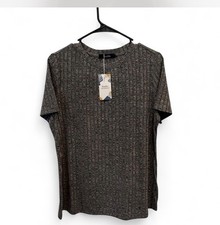 Grey ribbed 2-piece lounge set consisting of a short-sleeve top and wide-leg