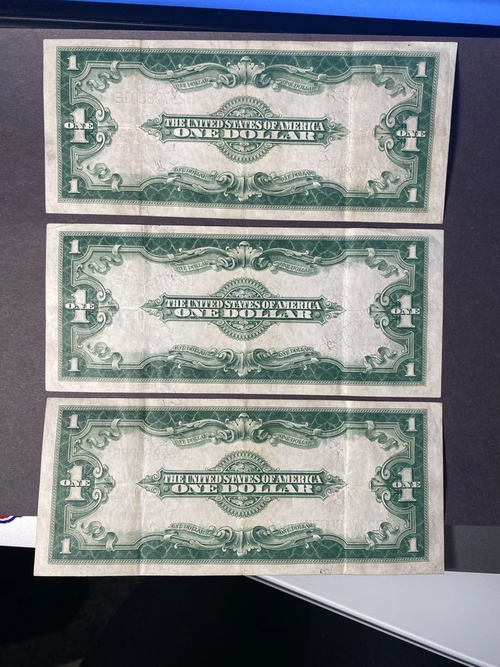 3 Consecutive Serial Number 1923 $1 Silver Certificate Notes Blue Seal Large Siz - Image 2 of 4