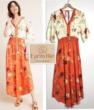 Farm Rio Garden Goddess Designer Floral Boho Maxi Dress Orange & Cream size XS