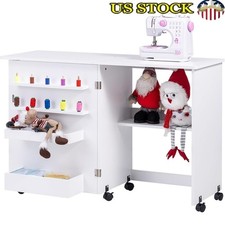 Folding Sewing Table W/ Ample Storage Space Mobile Design Lockable Wheels New
