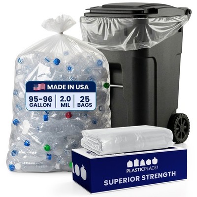 Plasticplace 95-96 Gallon Trash Bags, Clear, 2.0 Mil, 25 Bags
