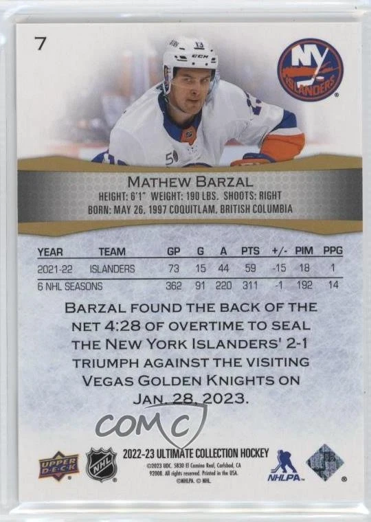 2022-23 Upper Deck Ultimate Collection /149 Mathew Barzal #7 - Image 2 of 2