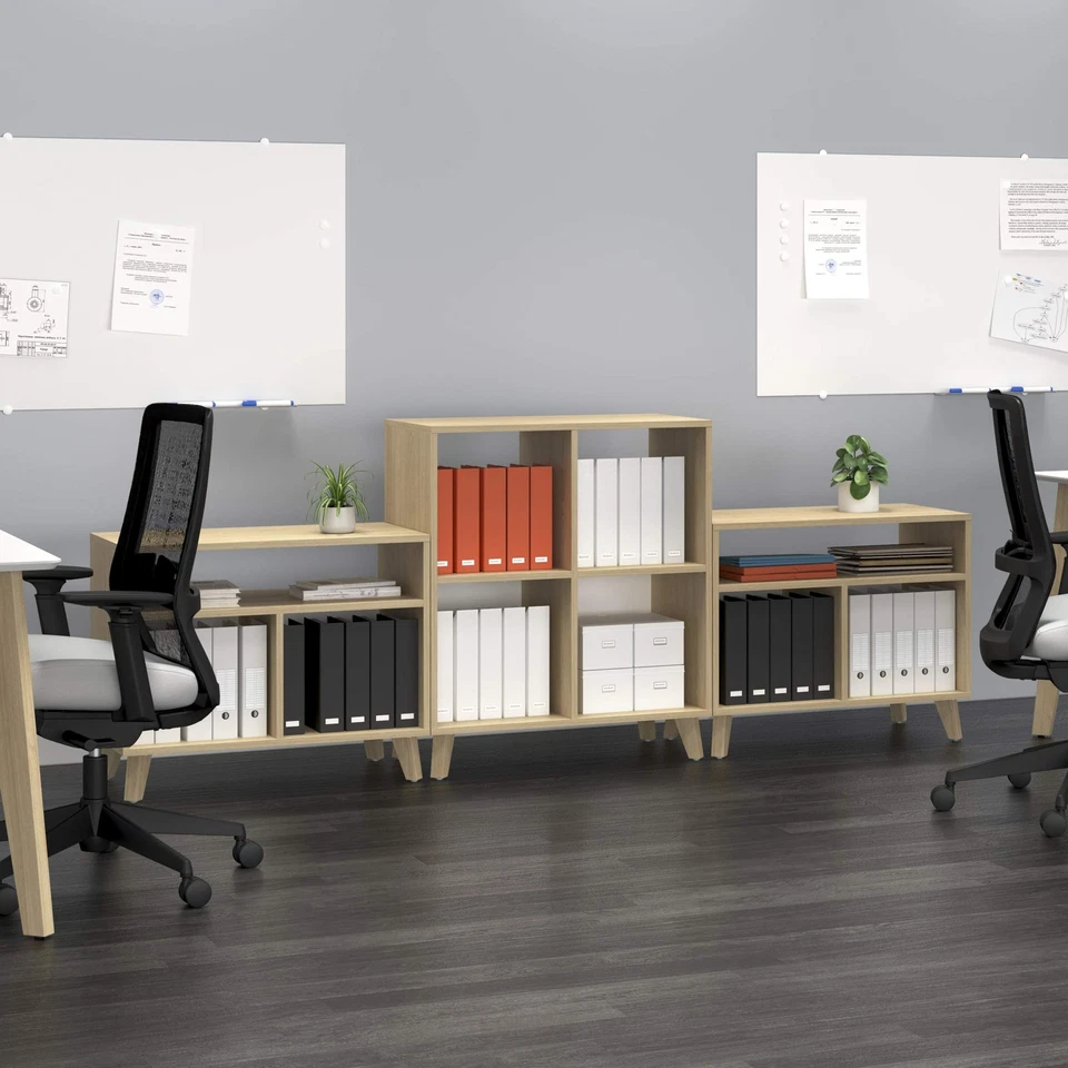 Librería cubo moderna alta de grado comercial, pies de madera real, 36", teca Foto 2 de 3