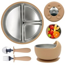 Stainless Steel Baby Feeding Set Suction Plate Bowl with Spoon Fork Div...