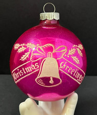 Vtg Shiny Brite Stencil Christmas Greetings Bell Glass Ornament RARE 10 Cent Cap