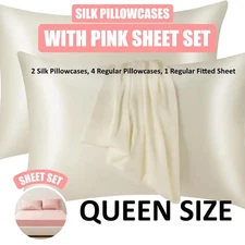 KASENTEX Silk Pillowcase with Pink Queen Sheet Set
