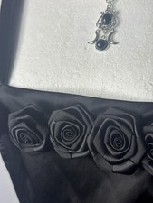 BHS Black Satin Rose Trim Midi Dress UK 14 Goth Witchy Evening Party love class