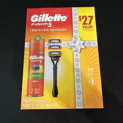 GILLETTE Fusion 5 Gift Pack Kit 1 Razor + 3  Blade Cartridges + 1 Shave Gel NEW