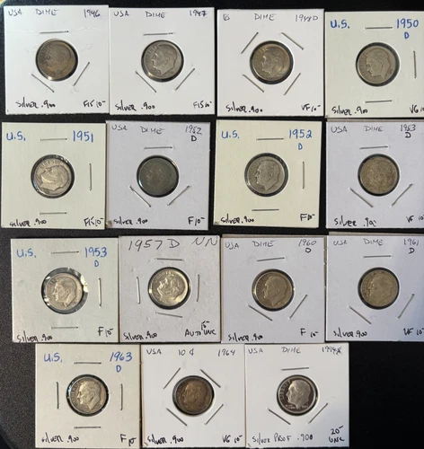 15 Roosevelt US Silver Dimes (1946 to 1994S). Some BU/Proof per Photos.