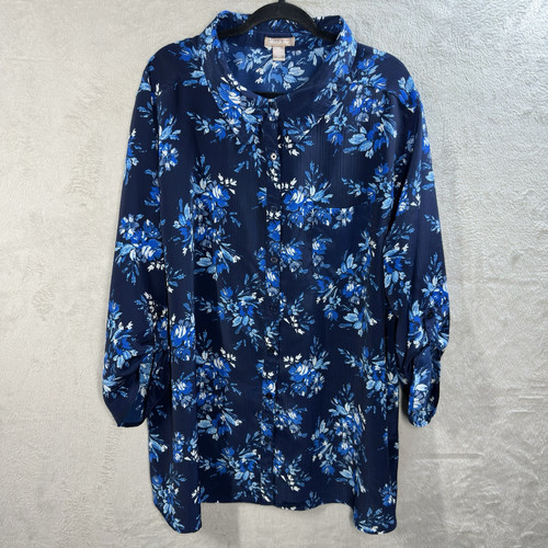 White Stag Blue Floral Button Front Top Mature Roll Tab 3/4 Sleeve Plus Size 4x