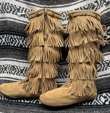 Minnetonka Moccasins .. Tall suede leather .. lots of Fringe .. Women  s 8