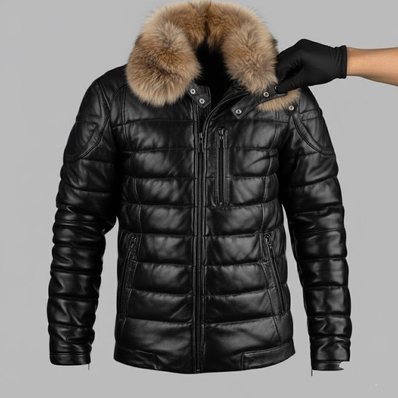 Men’s Real Lambskin Leather Puffer Jacket • Authentic Fox Fur Collar • Warm image 5
