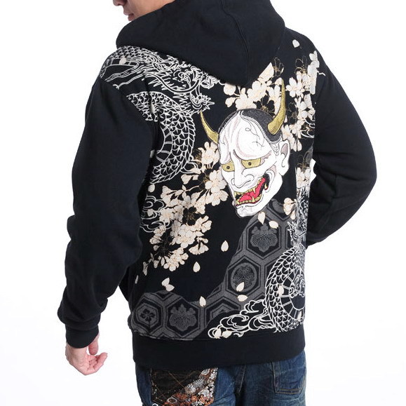 Mens Jacket Hoodie Japanese Pattern Embroidery Devil Hannya Dragon