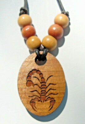 Cherry Wood Scorpion Scorpio Pendant on Adjustable Leather Cord Beads Handmade