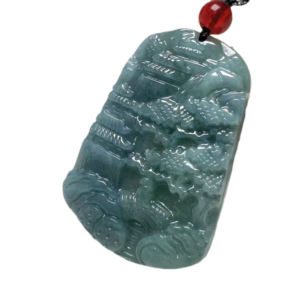 Natural Certified Jadeite Pendant with Blue Water Landscape and Tree Design