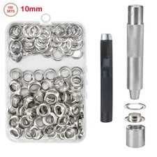 Box 100 Sets 10mm Silver Leather Grommets Eyelets + Washer Ring Punch Tools