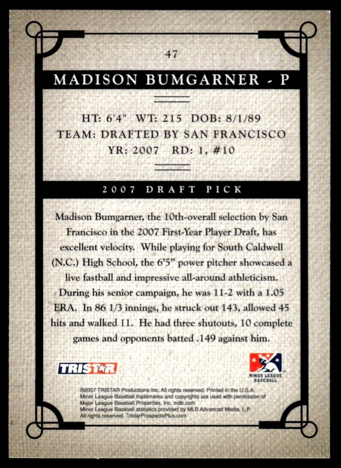 2007 Tristar Prospects Plus Madison Bumgarner Augusta GreenJackets #47 R73 - Image 2 of 2
