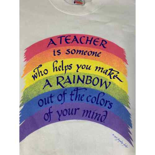 Vintage Teacher Sweater Large 90s Rainbow Pullover 1995 Fruit of the Loom White - Picture 1 of 7