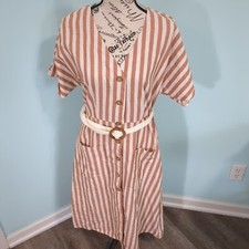 Blu Pepper Women's Button-Down Rust Ivory Striped Belted Midi Dress Medium