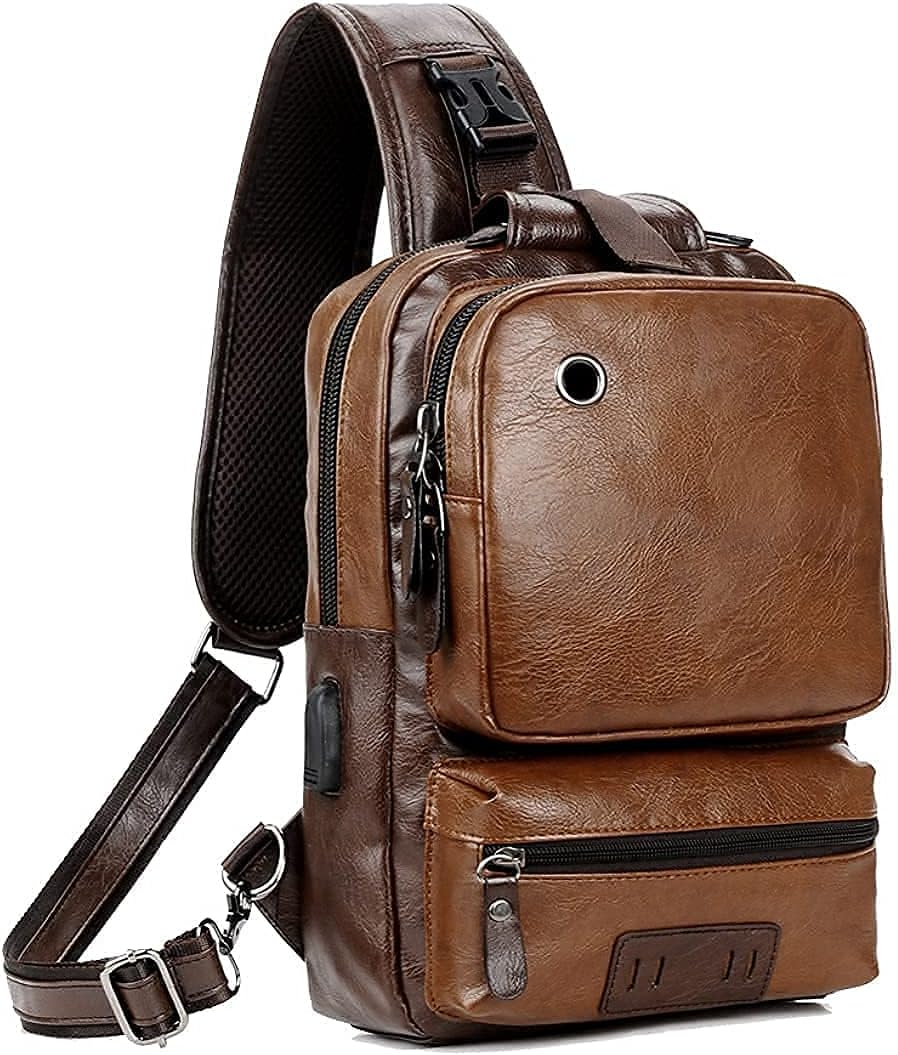 Small Black Sling Crossbody Backpack Shoulder Bag for Men Women Vintage PU Leath