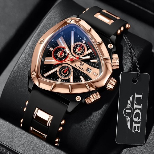 LIGE Men Watch Triangle Big Case Boy Sport Wristwatch Silicone Chronograph Watch - Picture 9 of 29