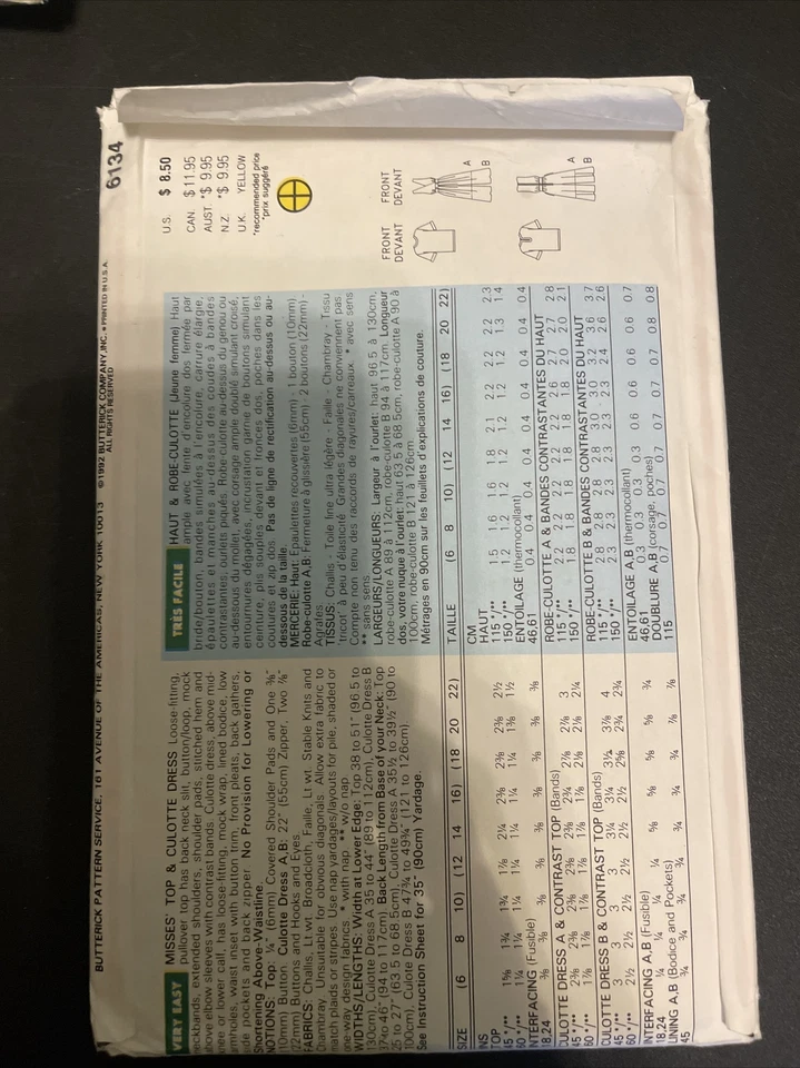 Butterick Sewing Pattern Top Dress 6 8 10 Misses Uncut New 6134 Vintage 1992 - Image 2 of 4