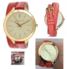 New-Michael Kors Double Enveloppe Autour Orange Cuir Bande Cadran Rond Montre