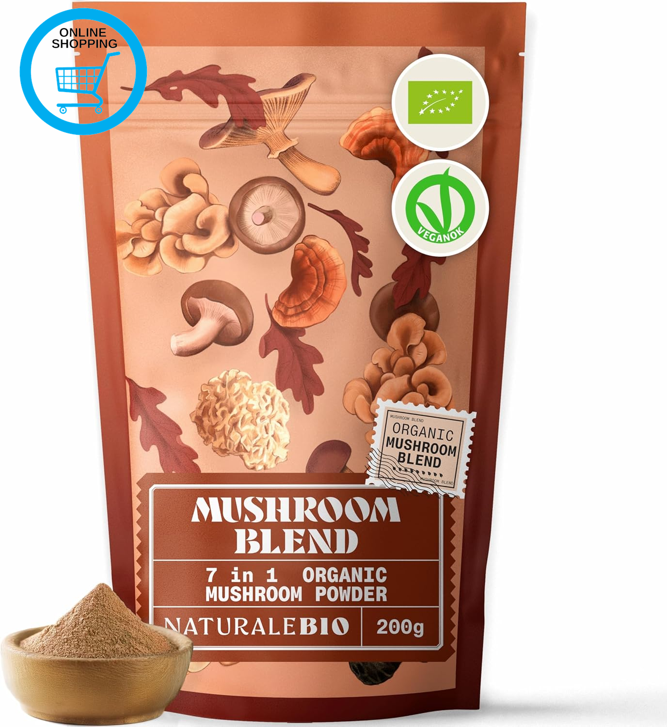 Organic Mushroom Powder 200G. 7In1 Mushroom Blend with Reishi, Lions Mane, Chaga