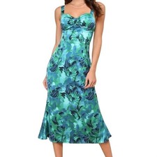 Lulus Teal Green Abstract Floral Satin Sweetheart Midi Dress Size L NWT