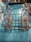 Vintage Wire Milk Bottle Carrier Basket w/ 4 One-Quart Glass Milk Bottles