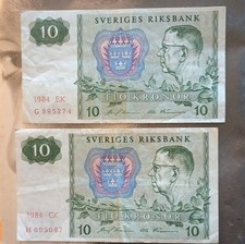 Sveriges Riksbank 10 Kronor 1984 Swedish Banknotes G895274 & H695067