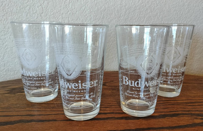 Collectible BUDWEISER King Of Beers Glasses Pint White Label Set Of Four