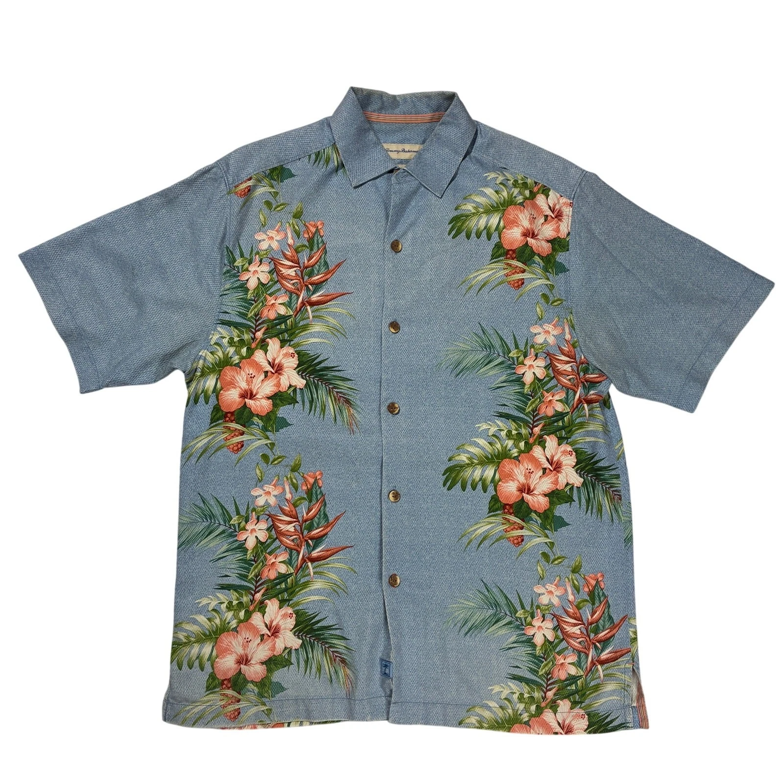 Tommy Bahama Silk Blue Shirt Mens Large Floral Leilani Vines Camp Collar