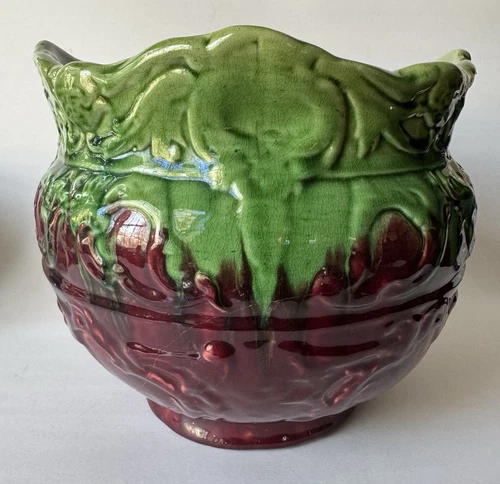 WELLER  ? Antique Majolica Jardiniere Pink Green Drip Glaze Scalloped Rim 7.5