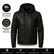 Men's Black Real Leather Hoodie Genuine Lambskin Leather Bomber Hooded Jacket