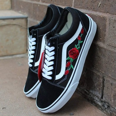 Vans Black Old Skool Red Rose Custom Handmade Shoes By Patch Collection