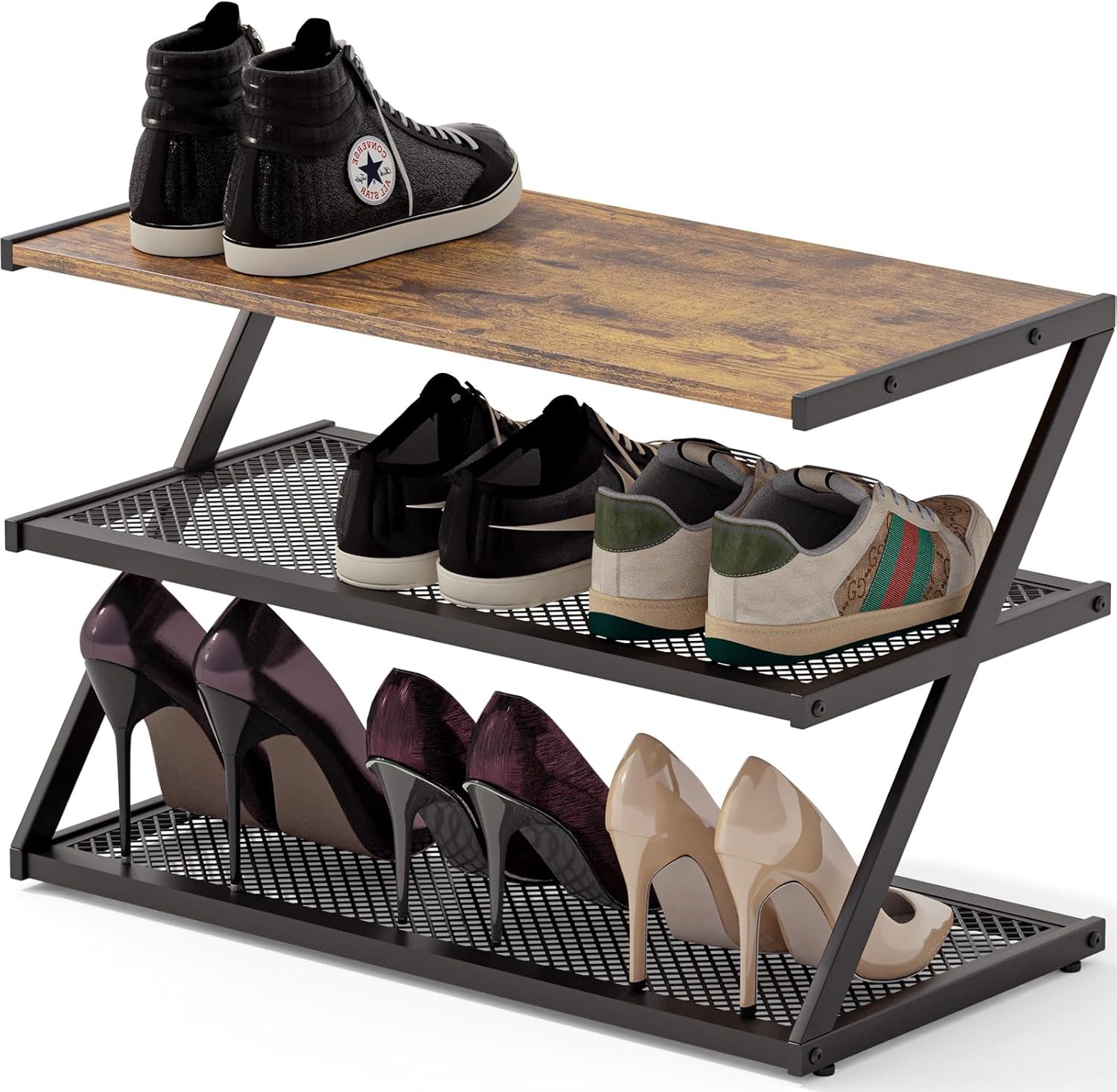 Z-Frame Shoe Rack with Wooden Top and Metal Mesh Shelves for Hallway Storage