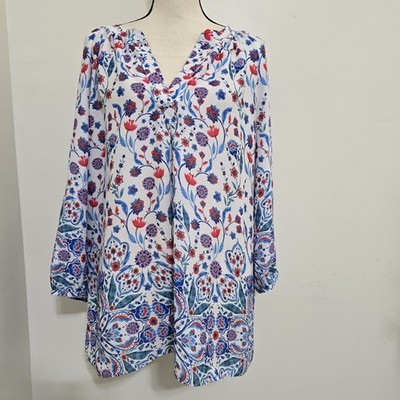 ADRIENNE VITTADINI size 1X Spring Floral Flowy Top Garden White 3/4 Sleeves