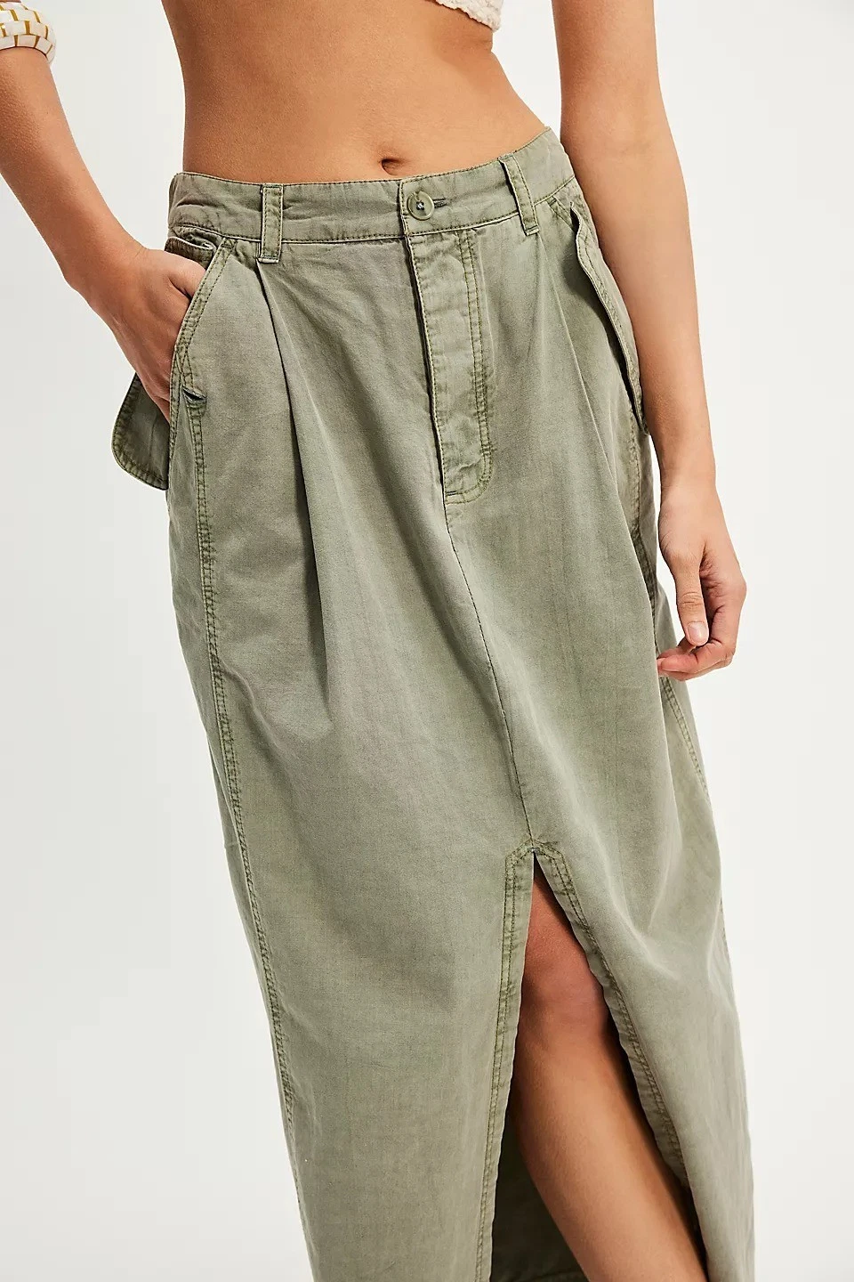 Free People Tybee Maxi Skirt Cargo A-Line Solid Pull On Shadow Army S 285642