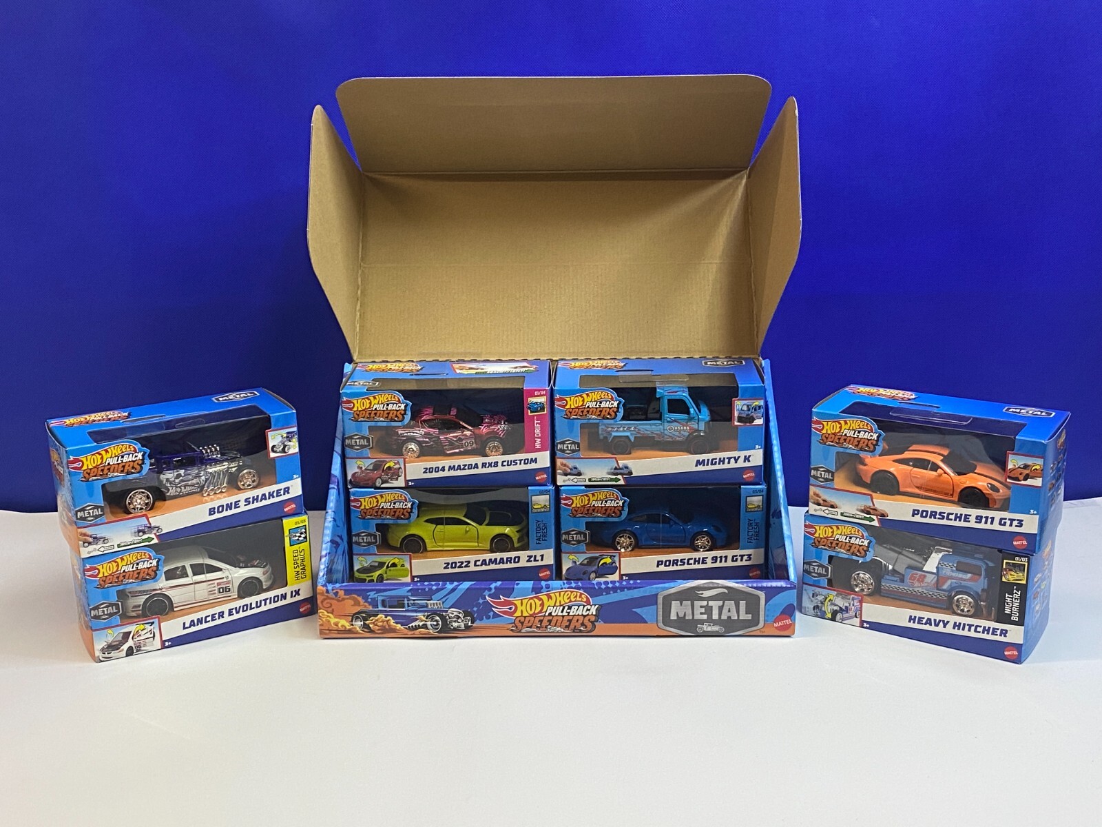 2024 HOT WHEELS 1/43 SCALE CASE OF 8 PULL BACK SPEEDERS W/ STORE DISPLAY BOX