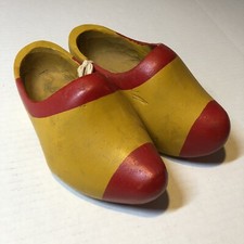 Vtg Pair Of Wooden Clogs Decorative Yellow And Red Shoes CRD