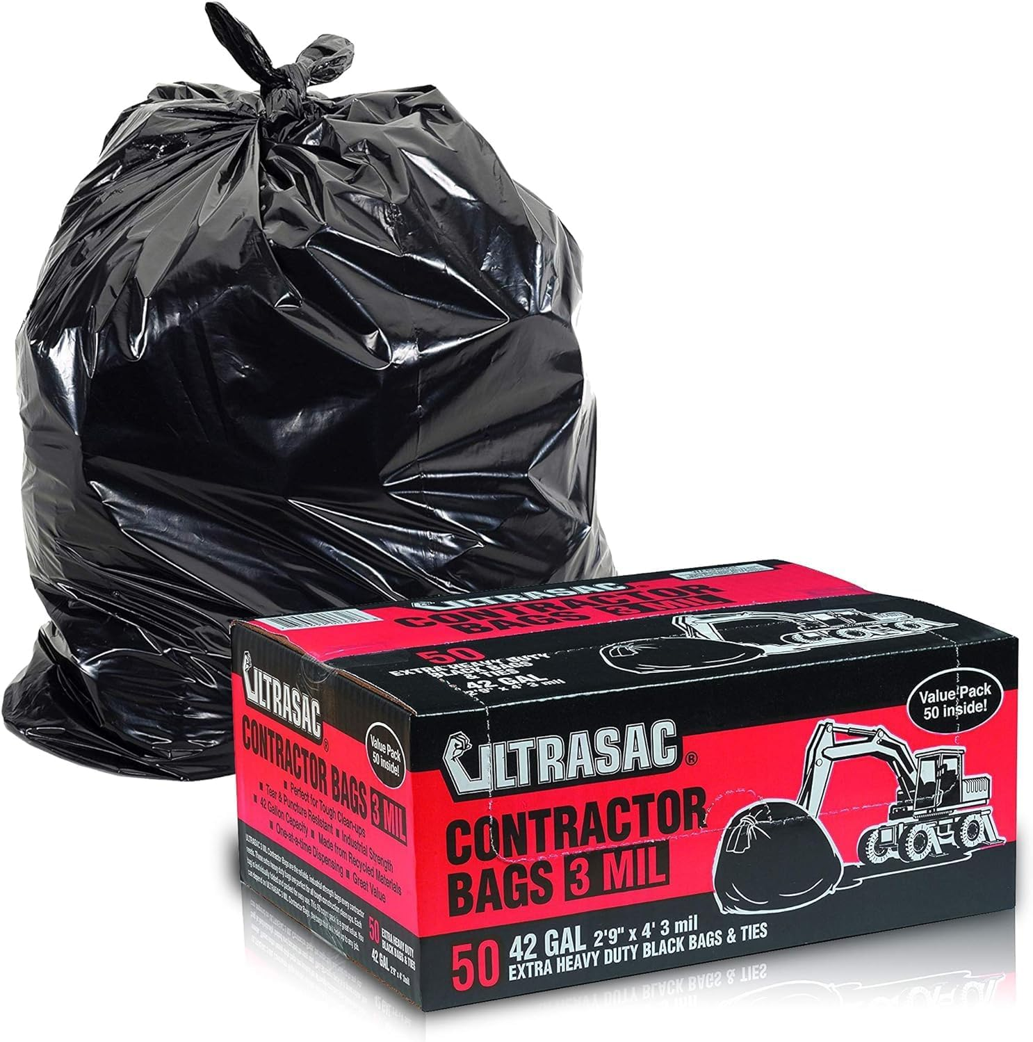 Heavy Duty Contractor Bags (VALUE 50 Pack/W TIES), 42 Gallon, 32.75