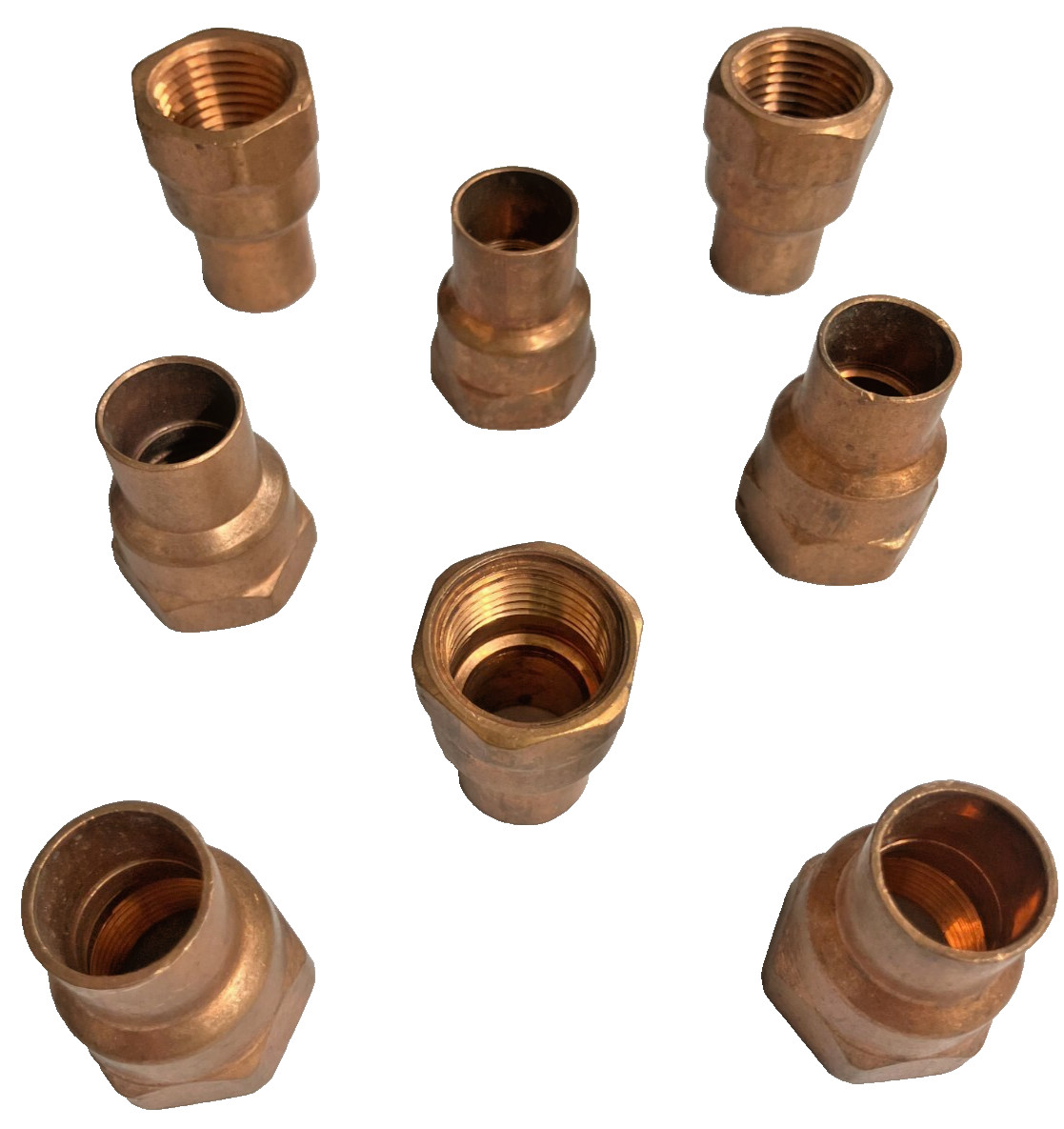 (LOT OF 8), 5/8 INCH COPPER THREADED ADAPTERS