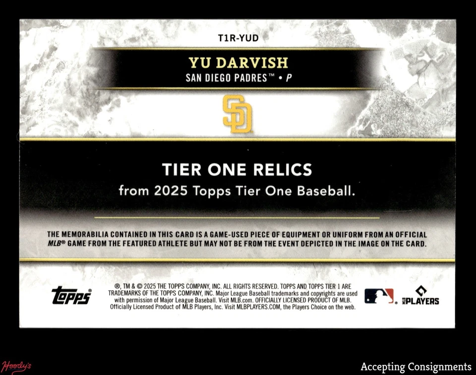 2025 Topps Tier One Relics #T1RYUD Yu Darvish GAME-USED JERSEY PADRES 116/199 - Image 2 of 2