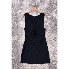 Free People Dress Medium Womens Black Seersucker Striped Cut Out Mini