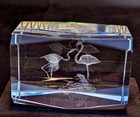 Crystal Glass Paperweight Cube 3D Laser Etched Flamingos w/Driftwood 3" x 2"