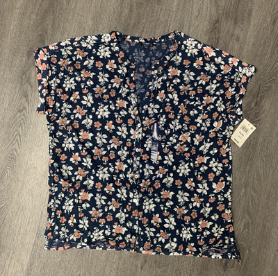 Lucky Brand Blue Floral Blouse Button Down Boxy Collarless Cap Sleeve XL NWT